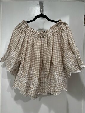 Senlis Beige Gingham Off-Shoulder Blouse with White Embroidery Medium